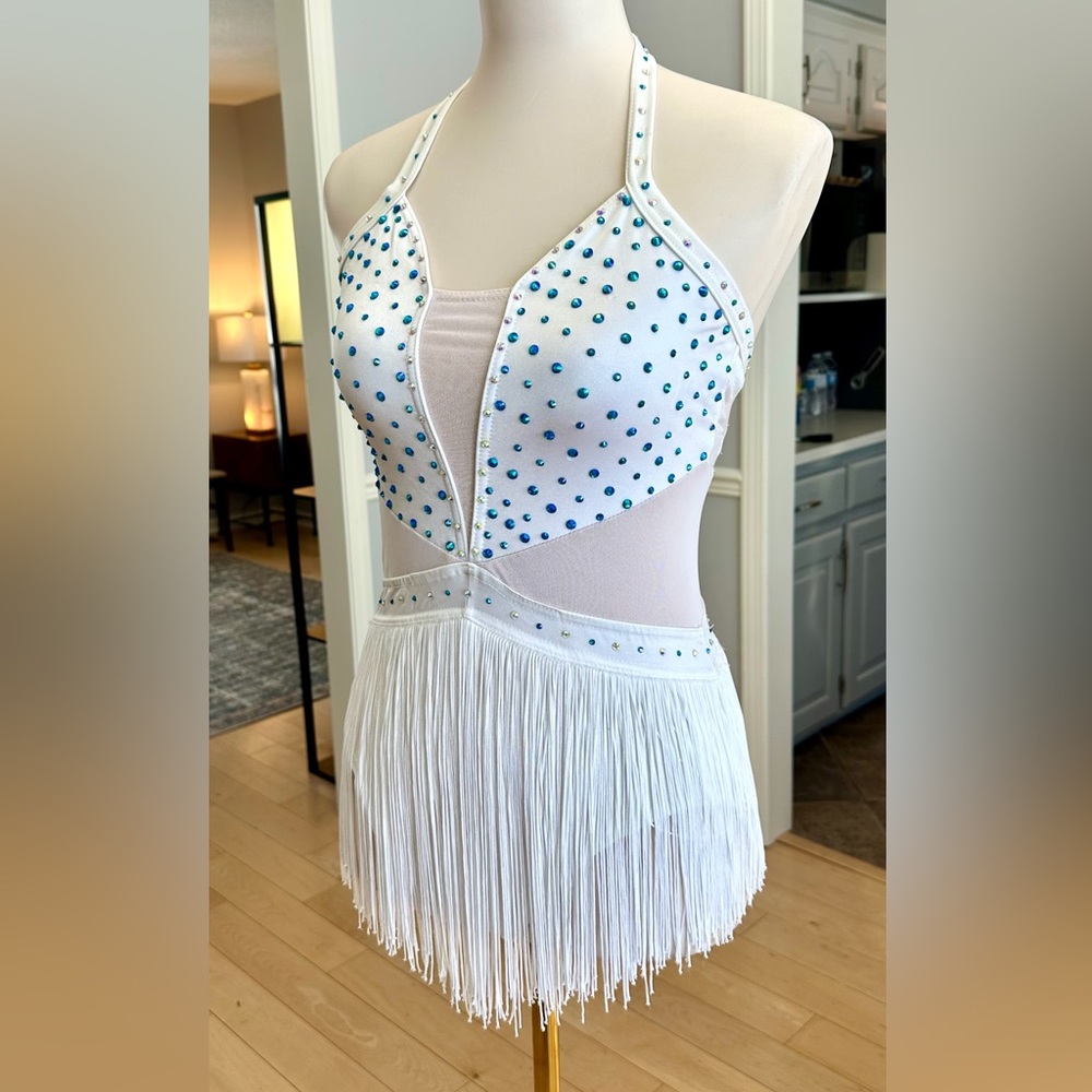 balera White Dance Costume with Teal Rhinestones and Fringe - Picture 2 of 3